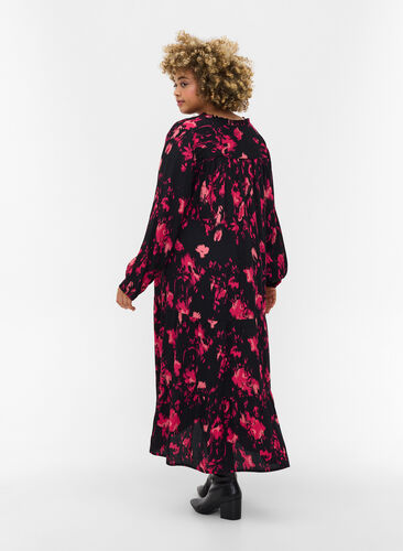 Viscose midi-jurk met lange mouwen, Black Pink AOP, Model image number 1