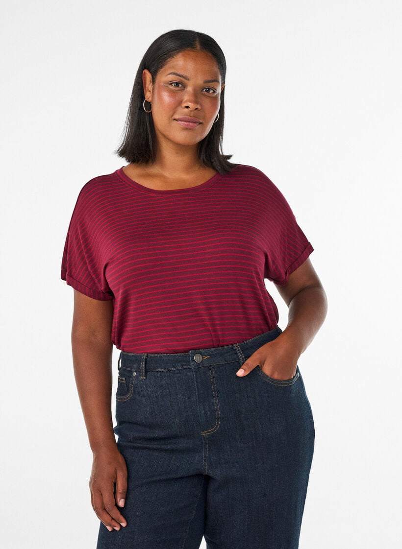 T-shirt ray&eacute; en viscose avec un col rond, Bordeaux, Model image number 0