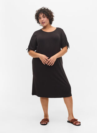 Viscose jurk met korte mouwen en koordjes, Black, Model image number 3