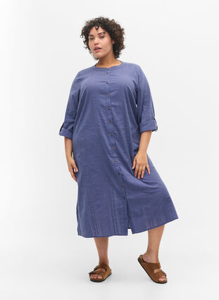 Robe-chemise en coton à manches 3/4, Nightshadow Blue, Model image number 2