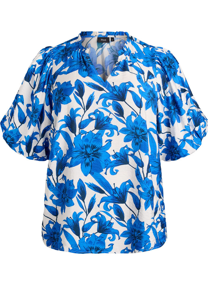 Blouse met bloemenprint en korte ballonmouwen, Vanille, Packshot image number 0