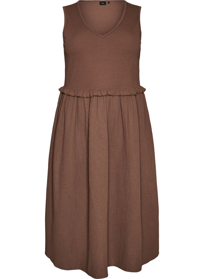 Mouwloze katoenen midi-jurk met rib en mousseline, Bruin, Packshot image number 0