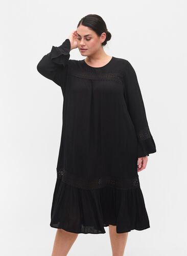 robe en viscose avec détails en dentelle, Black, Model image number 0