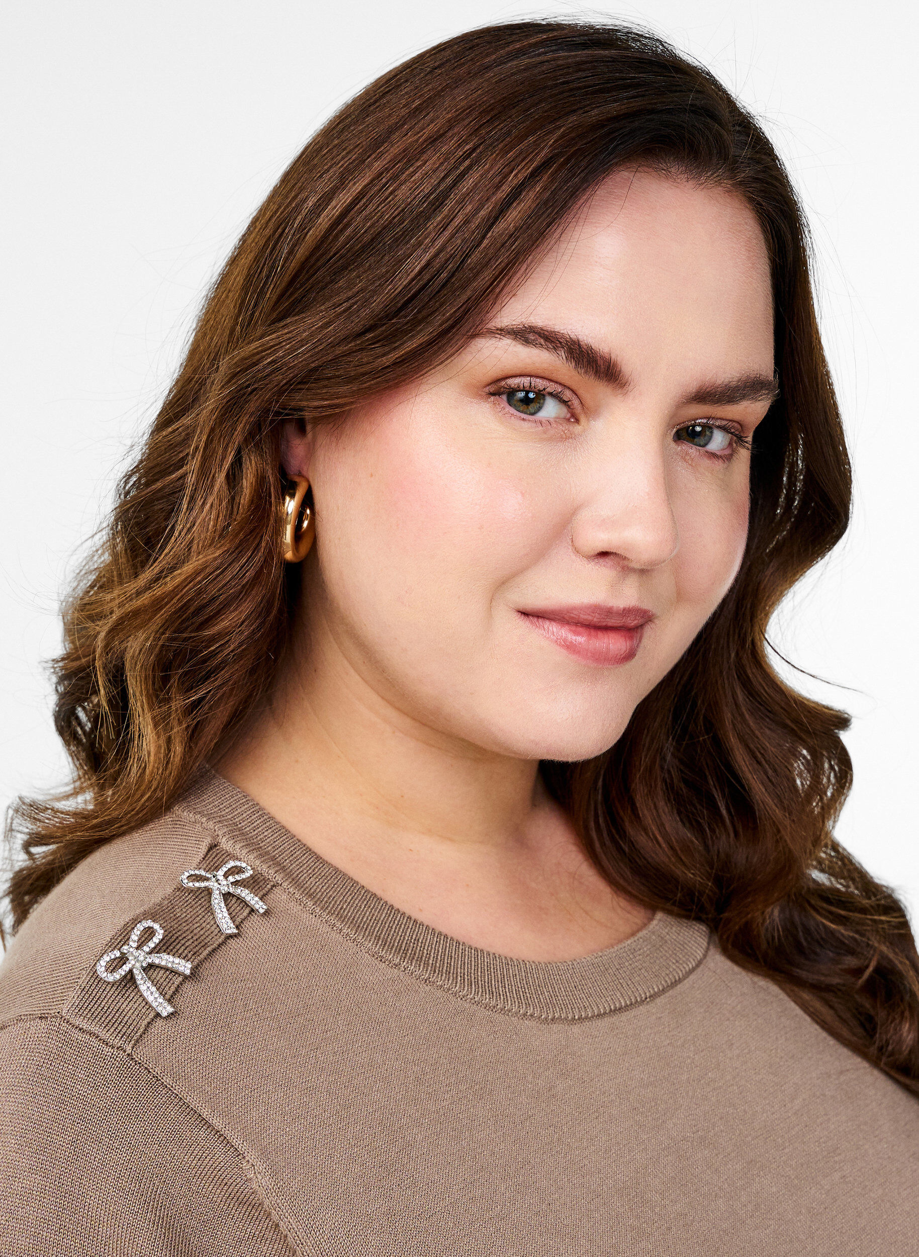 ZizziGebreide blouse met korte mouwen en kleine strikken, Beige, Image image number 0