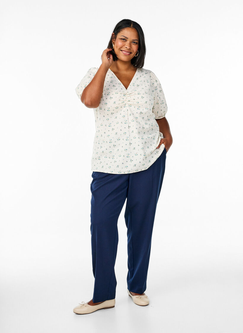 Blouse à manches courtes bouffantes et détail froncé, Blanc, Model image number 1