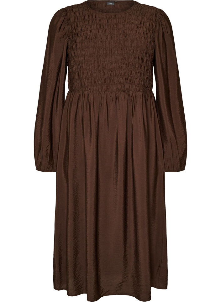 Robe midi en viscose avec smocks, Marron, Packshot image number 0