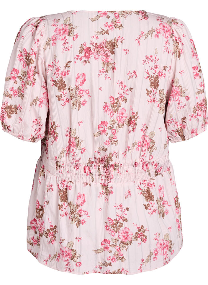 Bloemenblouse met korte mouwen en gesmokte taille, Roze, Packshot image number 1