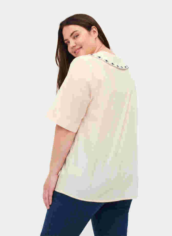 Chemise à manches courtes en coton à grand col, MotherOfPearl w.Blue, Model image number 1