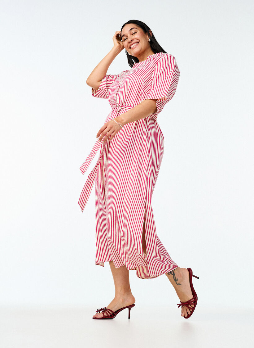 Robe-chemise longue jusqu&rsquo;aux chevilles avec ceinture &agrave; nouer et rayures, Rose, Image image number 0