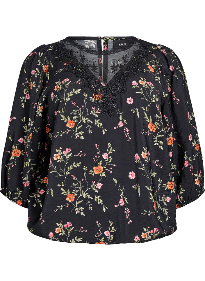 Blouse met 3/4 mouwen en kantdetails, Zwart, Packshot image number 0