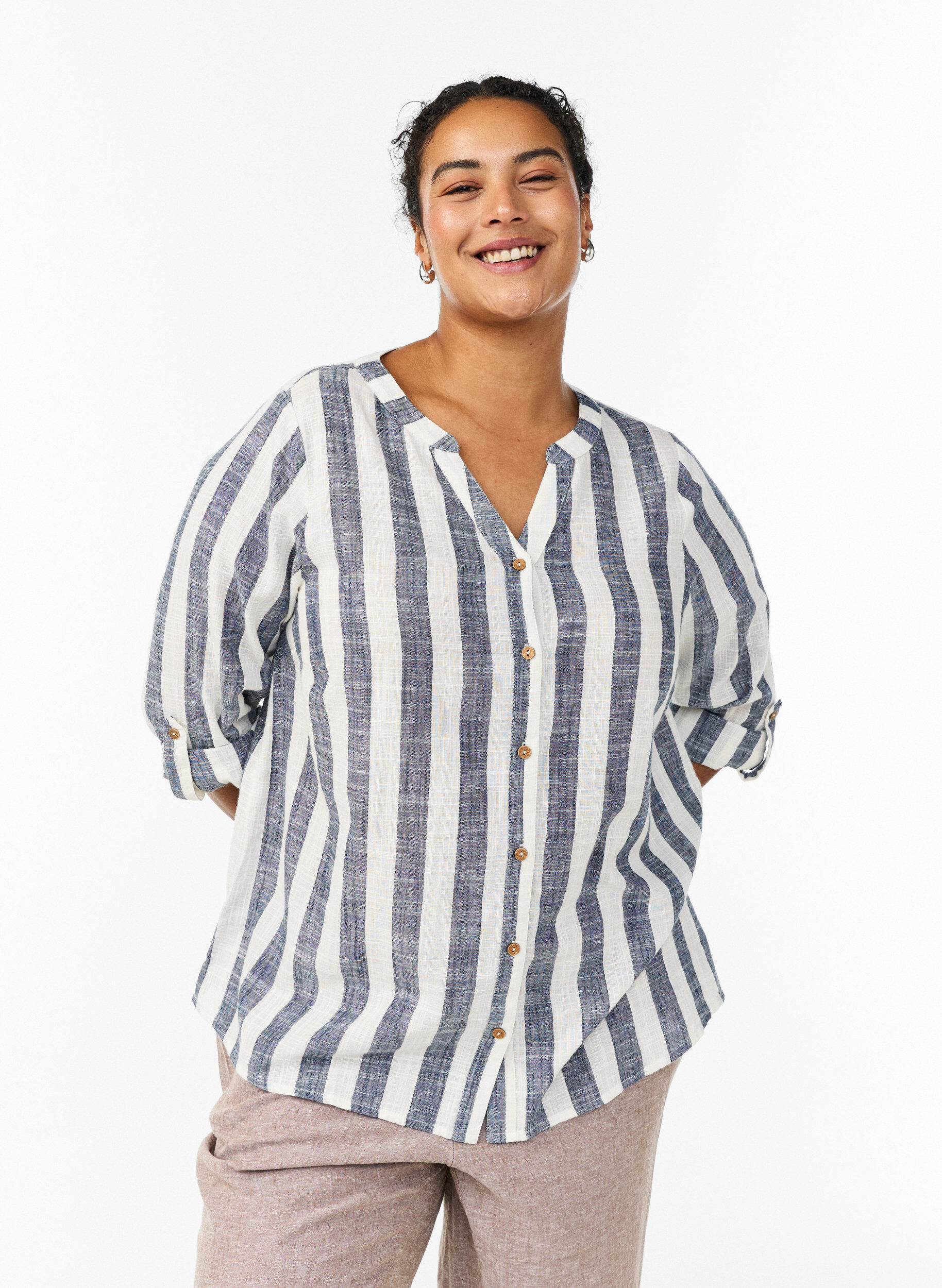 Chemisier en coton avec col en V, Bleu, Model