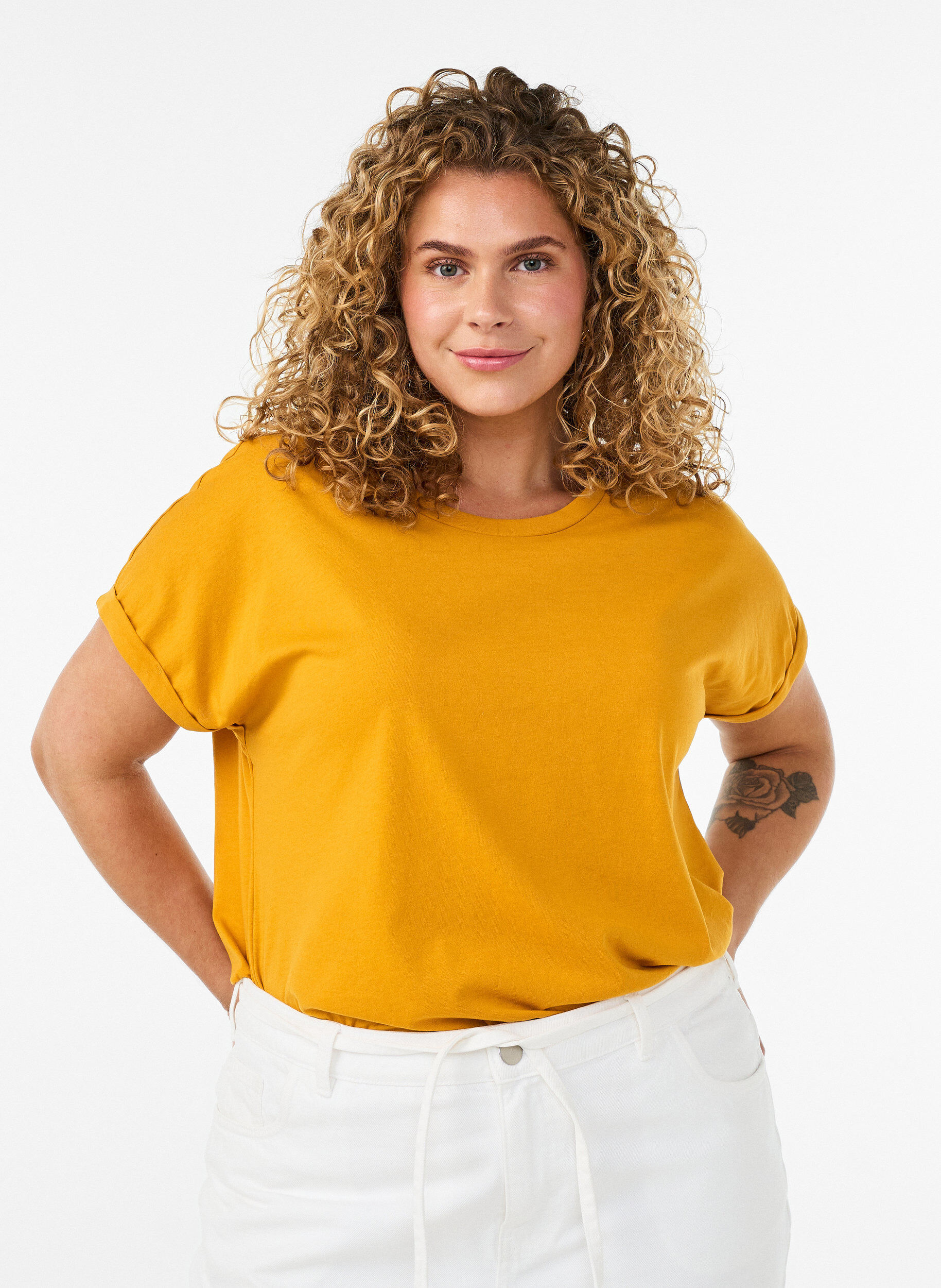 ZizziT-shirt &agrave; manches courtes en coton m&eacute;lang&eacute;, Jaune, Model image number 0