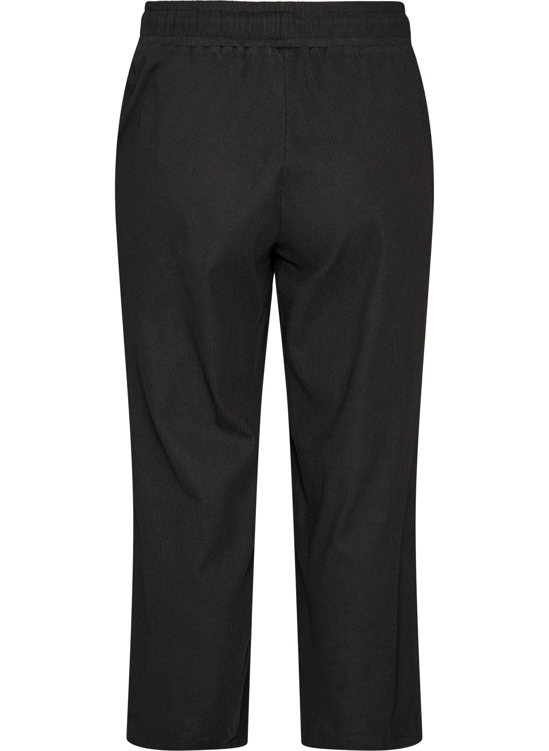 ZizziGeribde pyjamabroek met rechte pijpen, Zwart, Packshot image number 1