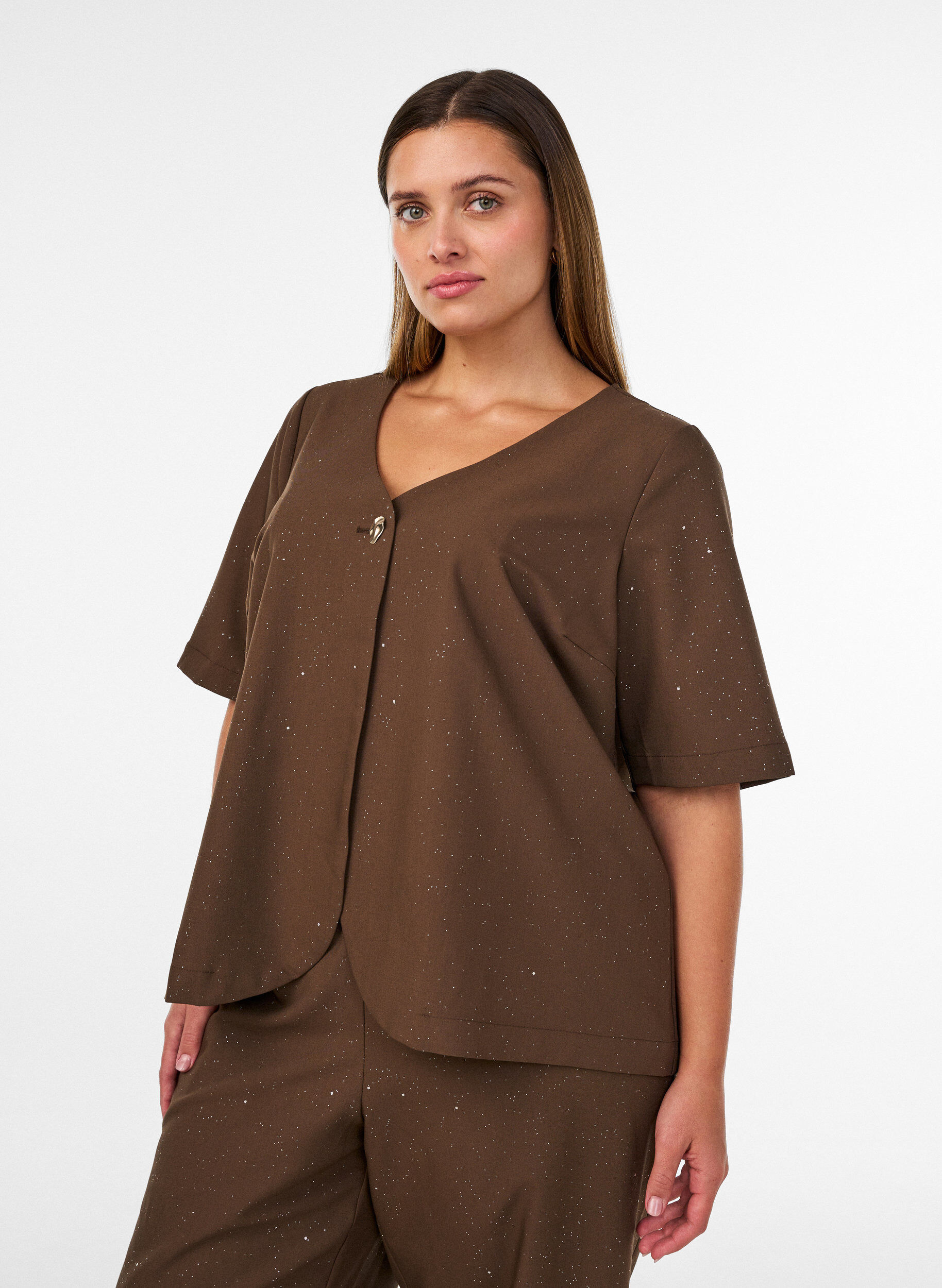 ZizziBlouse met glitter en V-hals, Bruin, Model image number 0