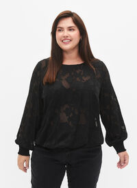 Jacquard blouse met smokwerk, Black, Model