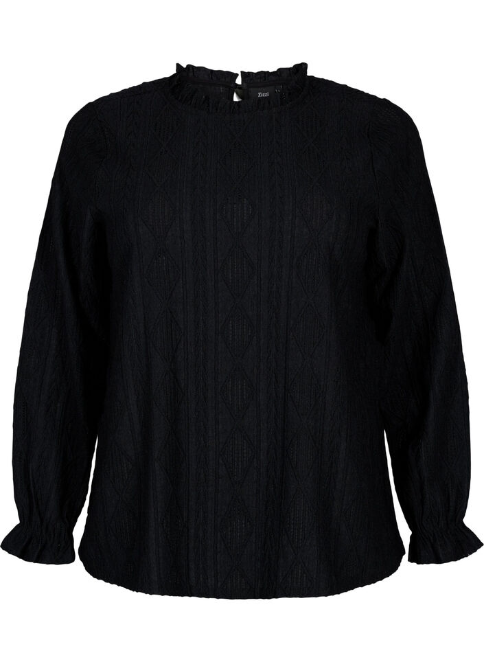 Blouse met ruches en ton-sur-ton-patroon, Black, Packshot image number 0