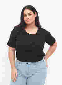 Katoenen blouse met korte mouwen in ribstof, Black, Model