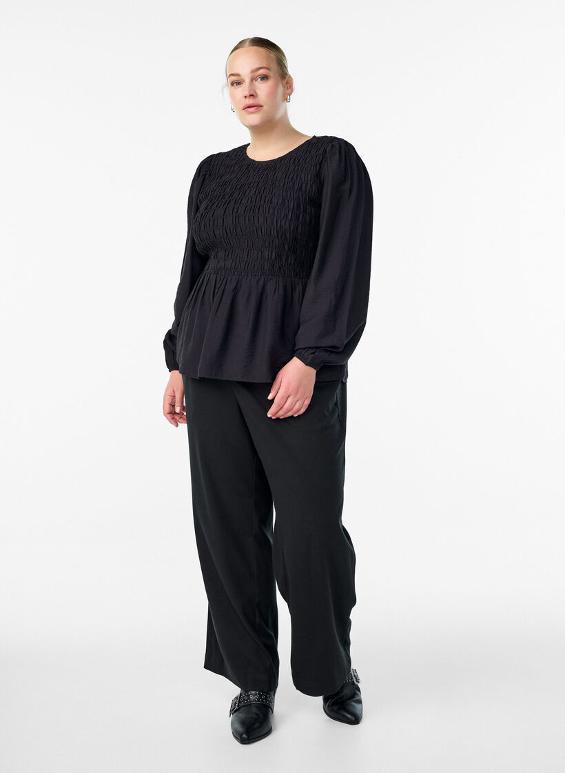 Blouse avec smocks et manches longues, Noir, Model image number 1