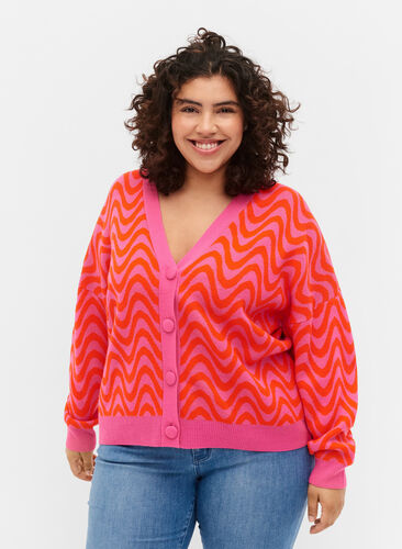 Cardigan tricoté avec motif et boutons, Hot Pink Comb., Model image number 0