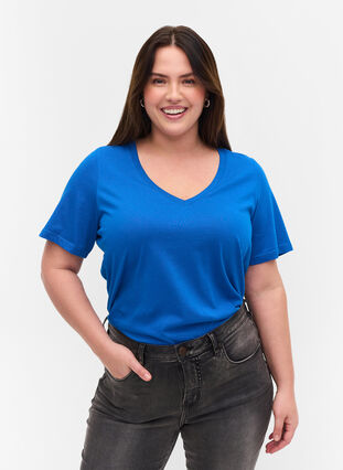 T-shirt in biologisch katoen met v-hals, Princess Blue, Model image number 0