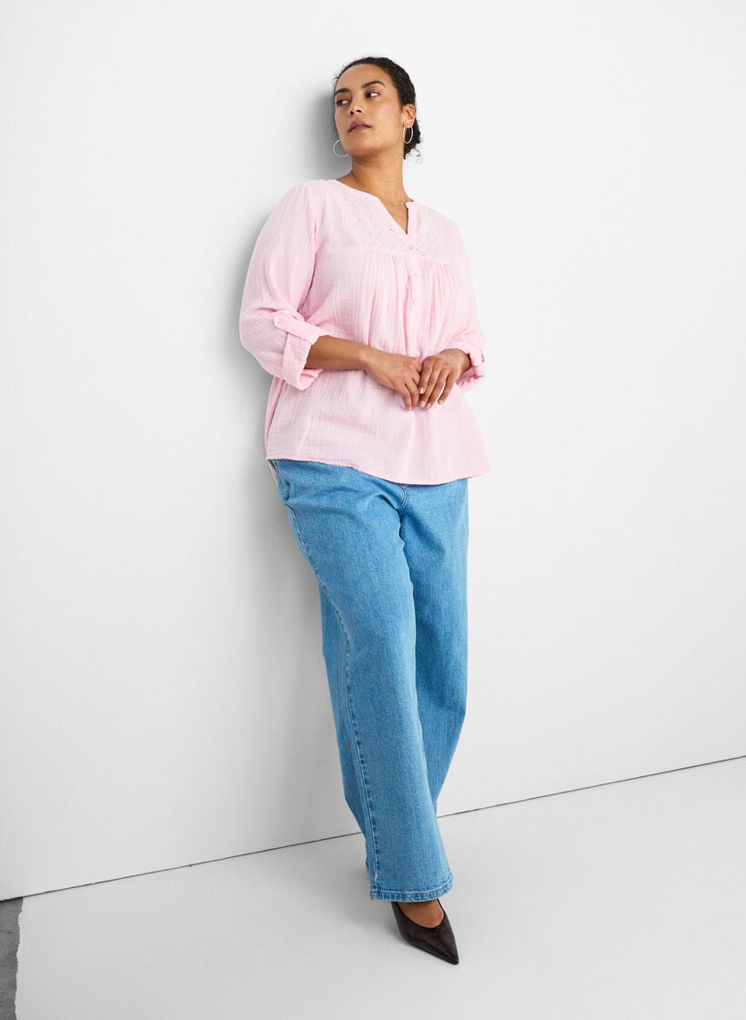 Blouse en mousseline de coton avec broderie anglaise, Rose, Model image number 3