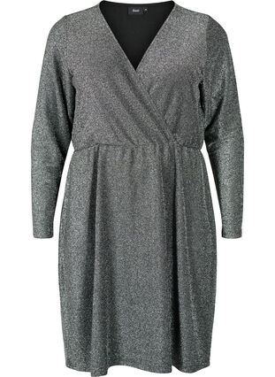 Robe scintillante avec aspect enveloppant et manches longues, Black Silver, Packshot image number 0