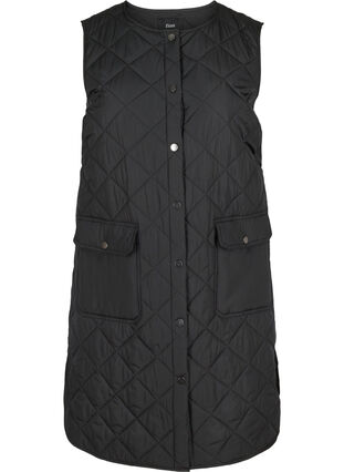 Lang gewatteerd vest met knoopsluiting en zakken, Black, Packshot image number 0