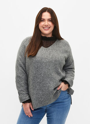 Pull en tricot avec fente, Light Grey Melange, Model image number 0