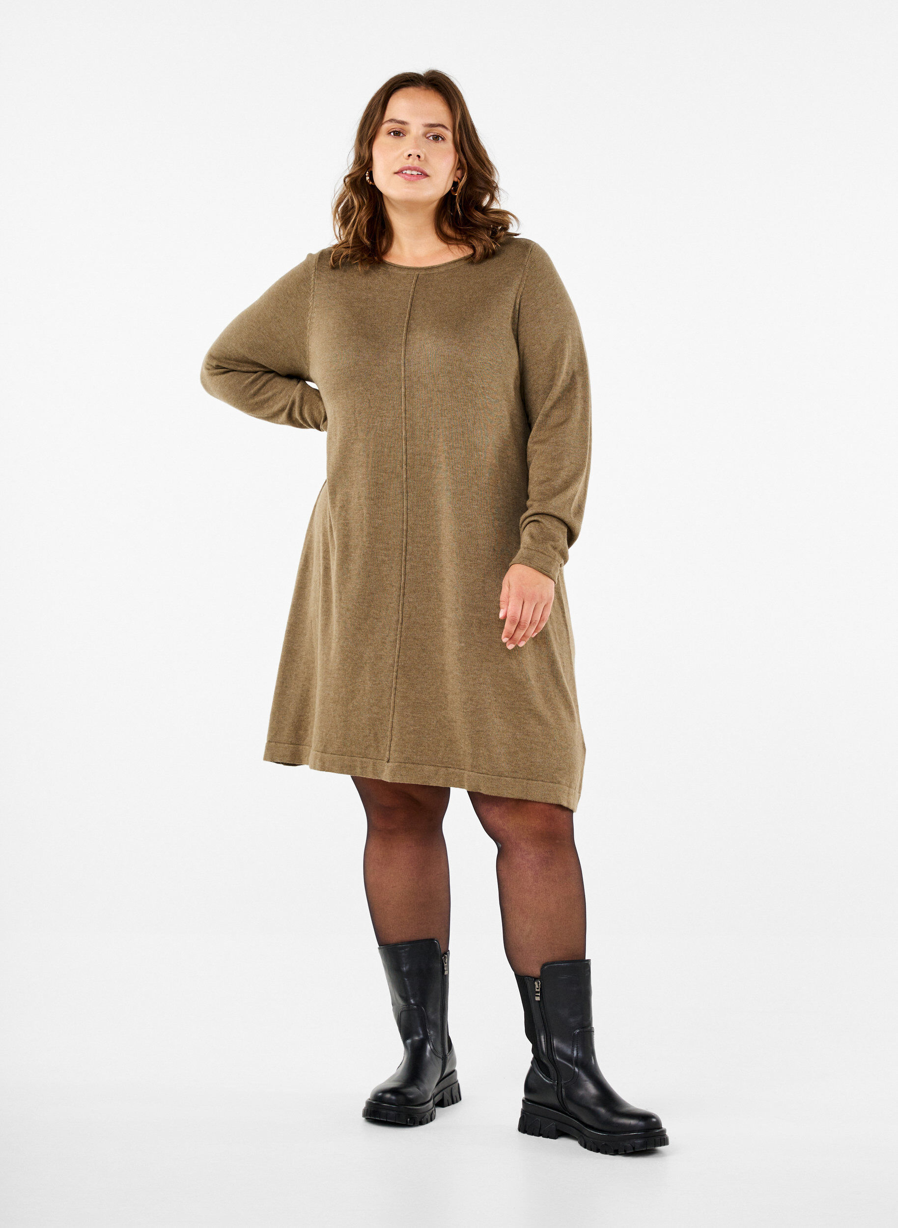 ZizziGebreide jurk in katoen-viscose blend, Groen, Model image number 1