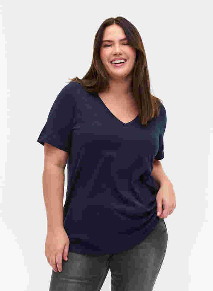 T-shirt in biologisch katoen met v-hals, Navy Blazer, Model image number 0