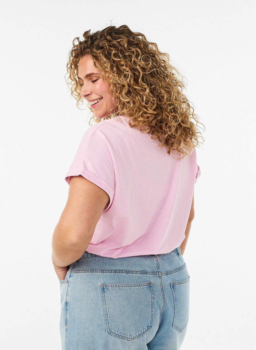 T-shirt &agrave; manches courtes en coton m&eacute;lang&eacute;, Rose, Model image number 2