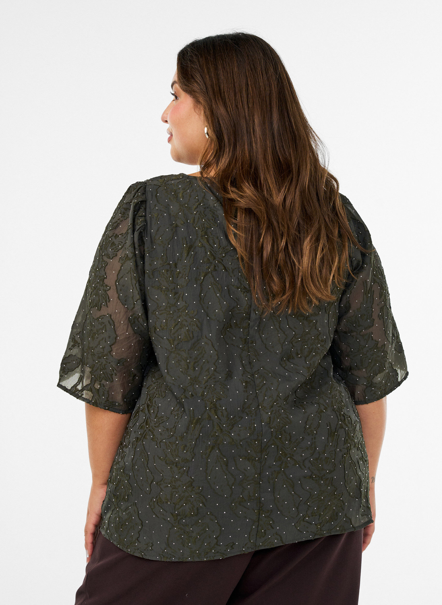 ZizziJacquard blouse met sprankelende details en pofmouwen, Groen, Model image number 2