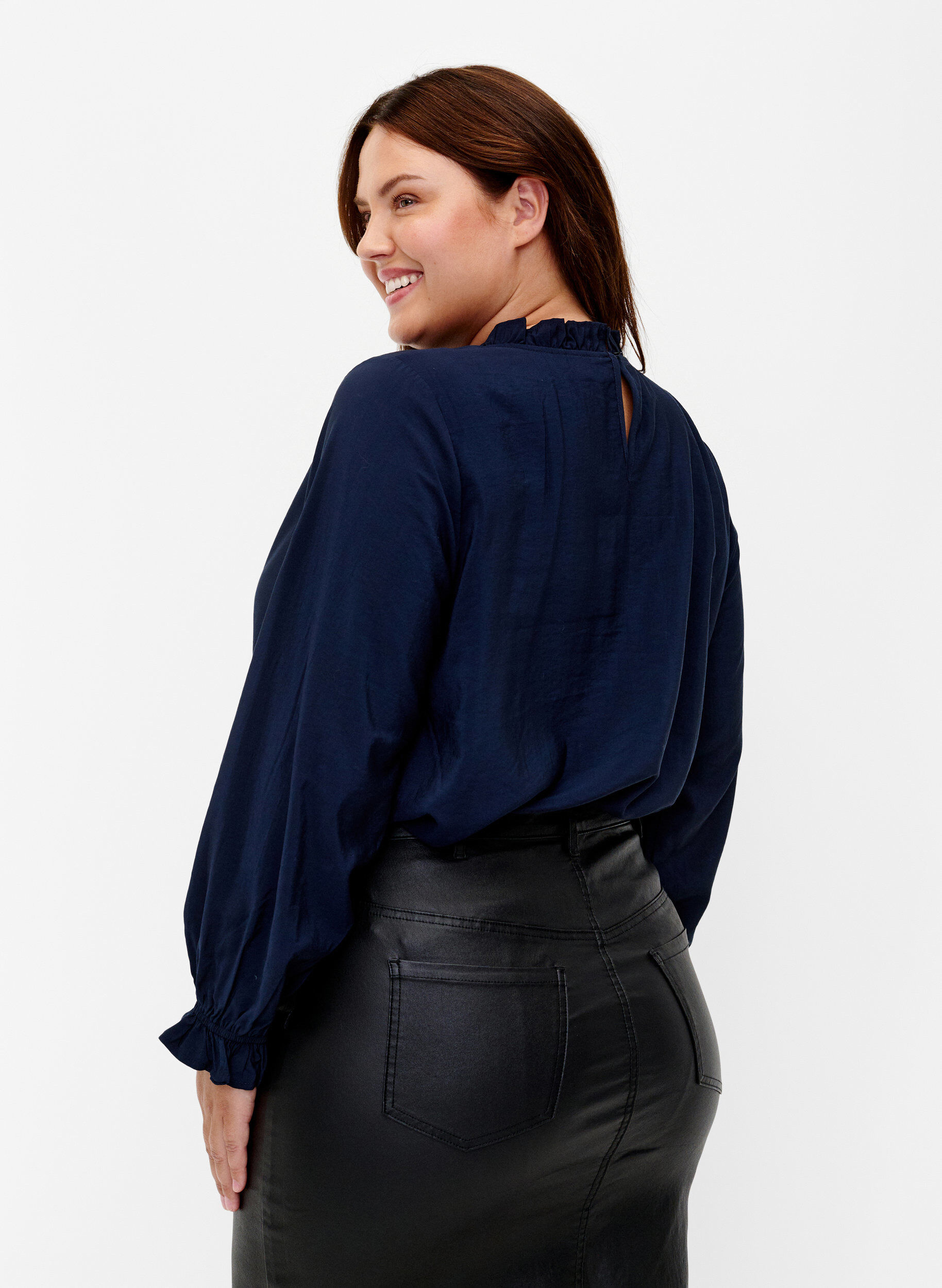 ZizziViscose blouse met lange mouwen en ruches, Total Eclipse, Model image number 1