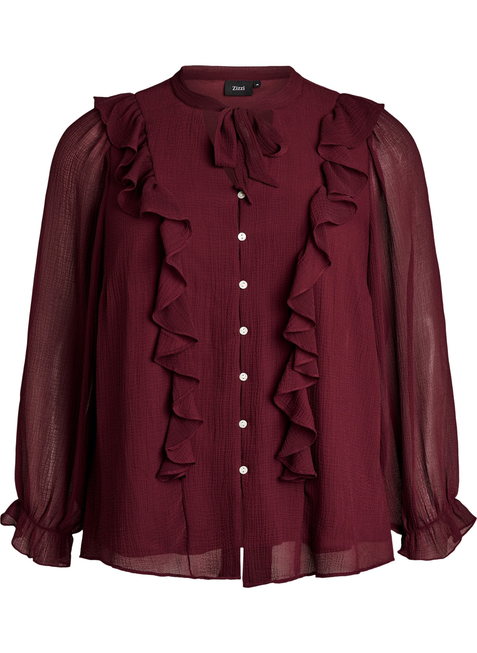 ZizziTransparante blouse met ruches en striksluiting, Rood, Packshot image number 0