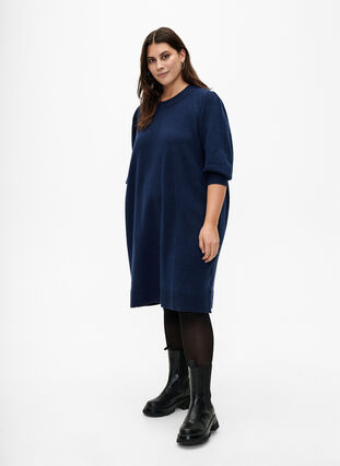 Gebreide jurk met 3/4 pofmouwen, N. Blazer/Black Mel., Model image number 2