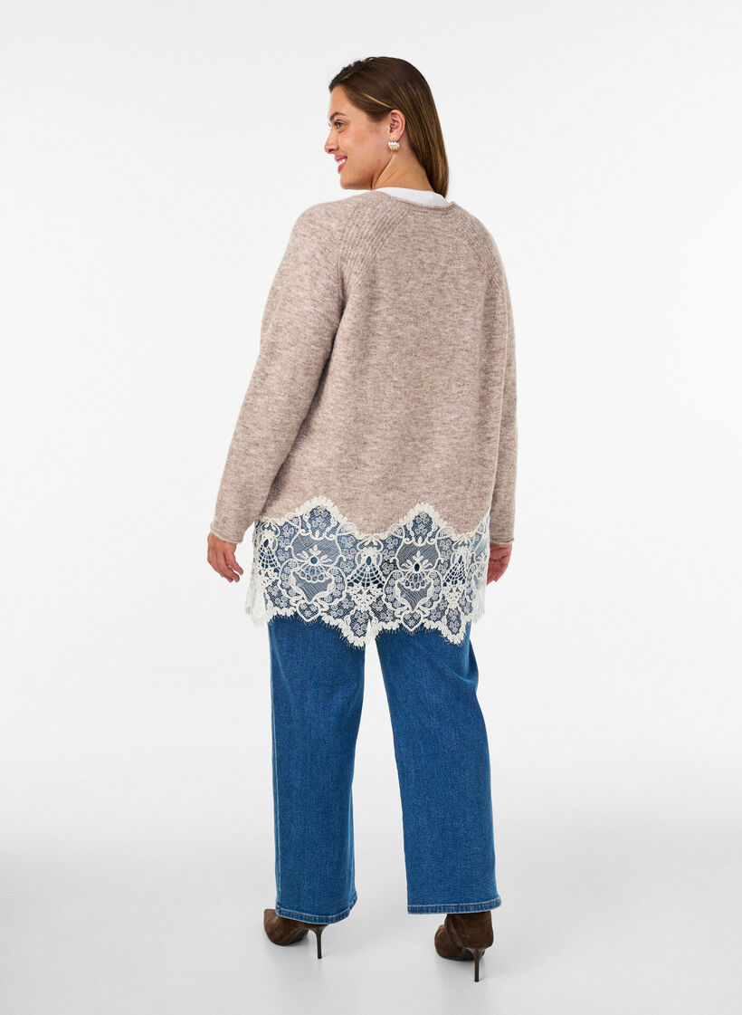 Gebreide blouse met raglanmouwen en een brede kanten rand, Beige, Model image number 2
