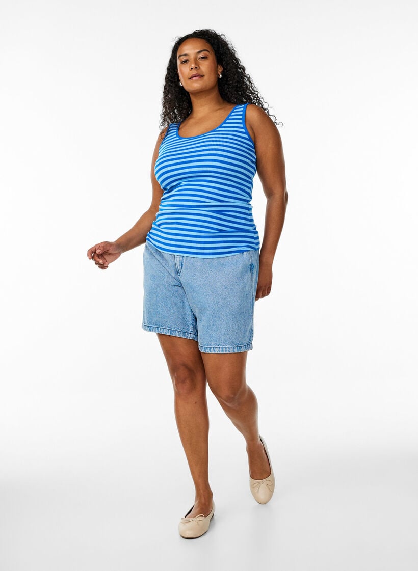 Gestreepte tanktop met een ribstructuur, Blauw, Model image number 1