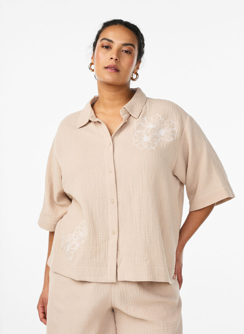 Katoenen mousseline shirt met geborduurde details, Beige, Model image number 0