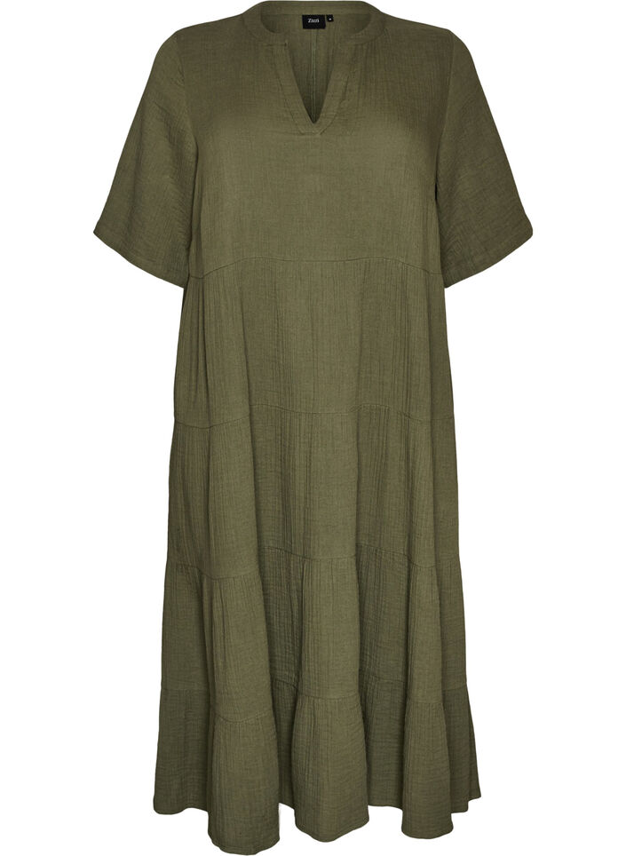 Robe midi coupe &eacute;vas&eacute;e en mousseline de coton, Vert, Packshot image number 0