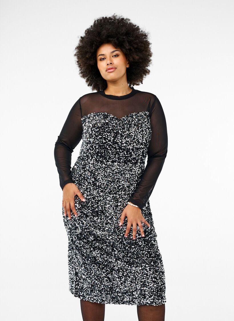 Glitterjurk met pailletten, Black w. Silver, Model image number 0