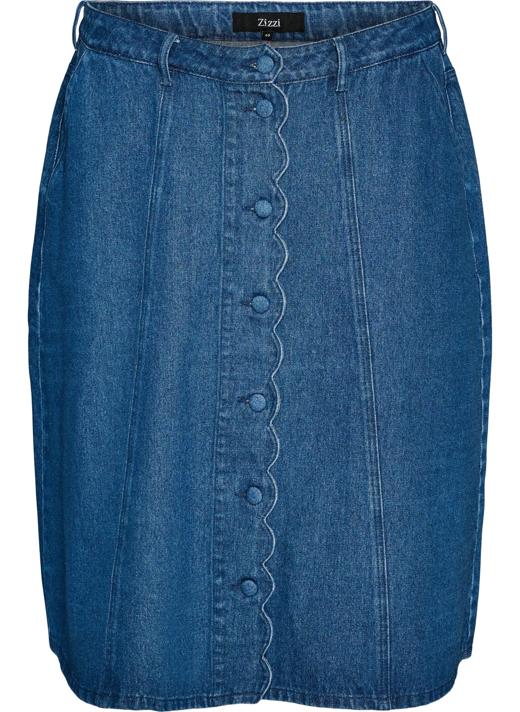 Jupe en jean coupe &eacute;vas&eacute;e avec patte de boutonnage ondul&eacute;e