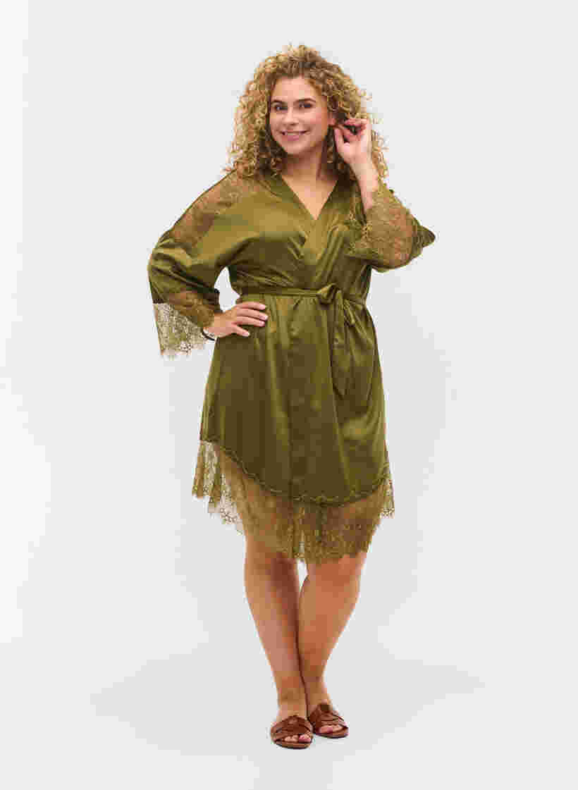 Robe de chambre avec détails en dentelle et ceinture à nouer, Military Olive ASS, Model image number 2