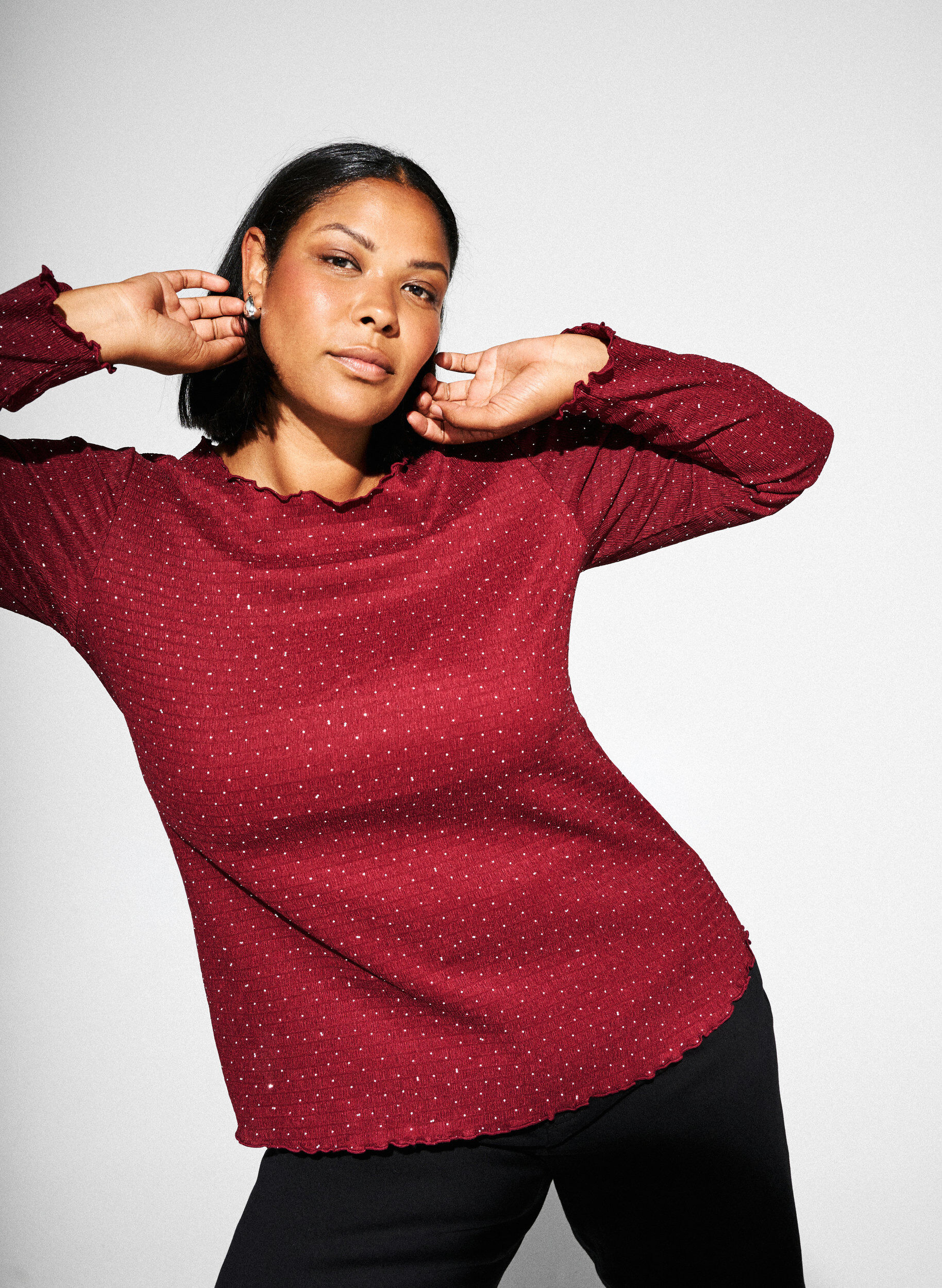 ZizziBlouse met lange mouwen en strassstenen, Donker Bordeaux, Image image number 0