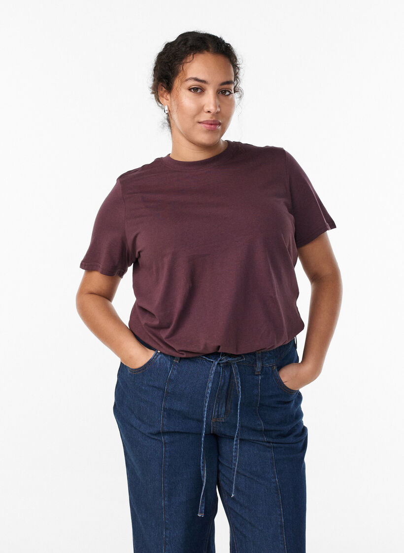 Basic katoenen T-shirt met ronde hals, Donker Bordeaux, Model image number 0