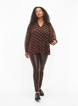 Bedrukte blouse met V-halslijn, Fudge/Gold Dots, Model image number 2