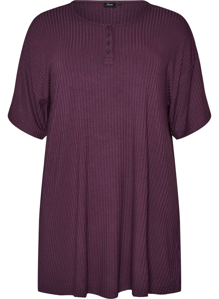 Nachtjapon in viscose jersey met een geribde textuur, Paars, Packshot image number 0