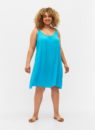 Effen viscose jurk met bandjes, Blue Atoll, Model image number 0