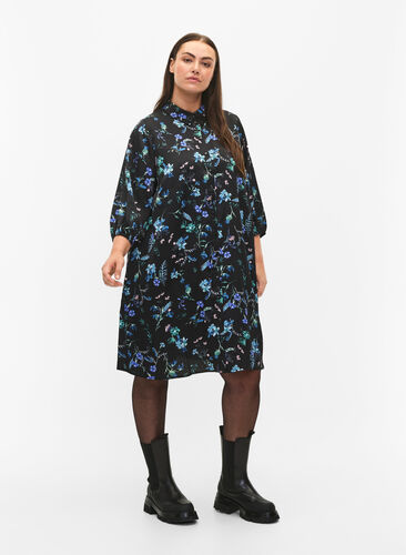 Robe chemise avec manches 3/4 et imprimé floral, Blue Flower AOP, Model image number 2