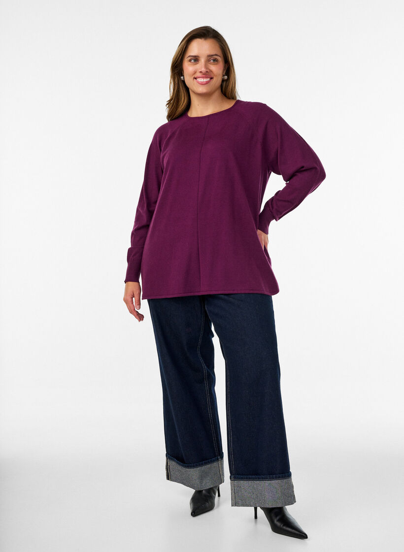 Chemisier en tricot avec col rond et motif tricot, Bordeaux, Model image number 1