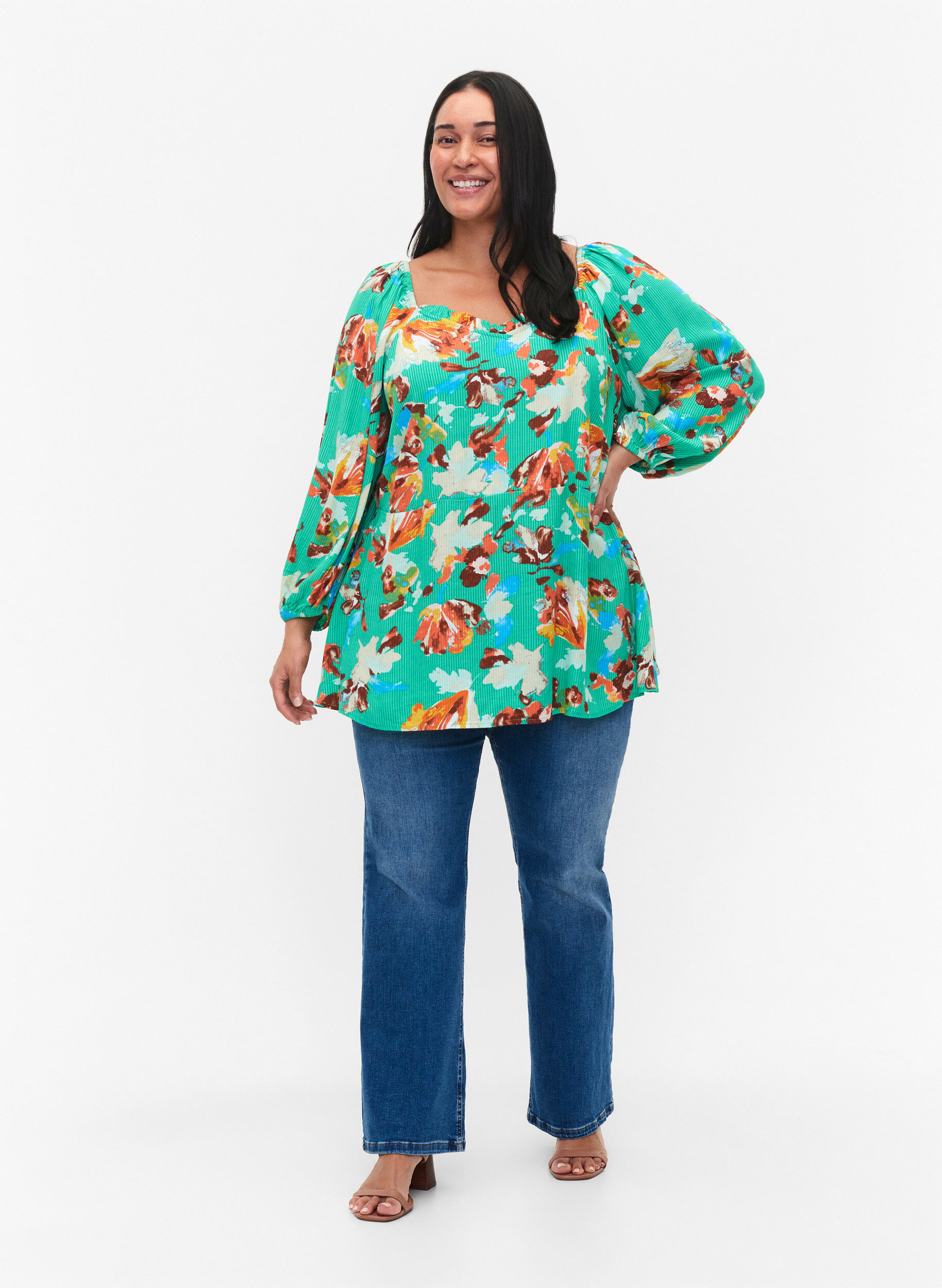 ZizziBedrukte viscose blouse met 3/4 mouwen, Groen, Model image number 1